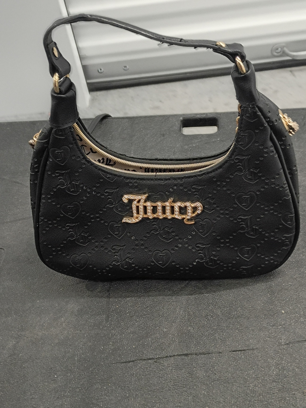 Juicy Couture Black Embossed Shoulder Bag with Gold Logo